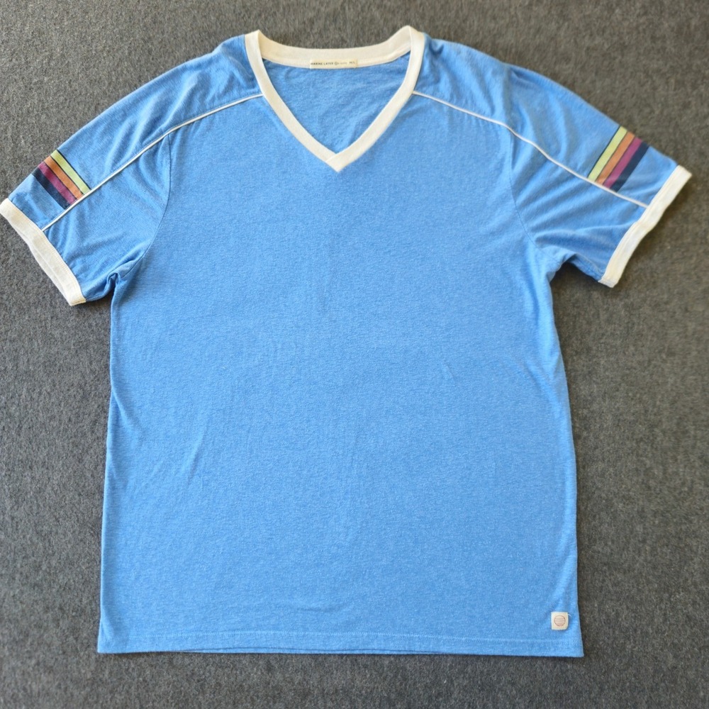 Marine Layer Re-Spun V-Neck T-Shirt Blue Rainbow Stripe Retro Medium Collegiate